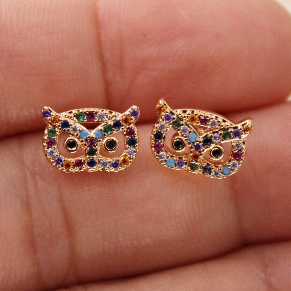 18K Yellow Gold Filled Owl Multi Color Diamond Zircon Stud Earrings Gift